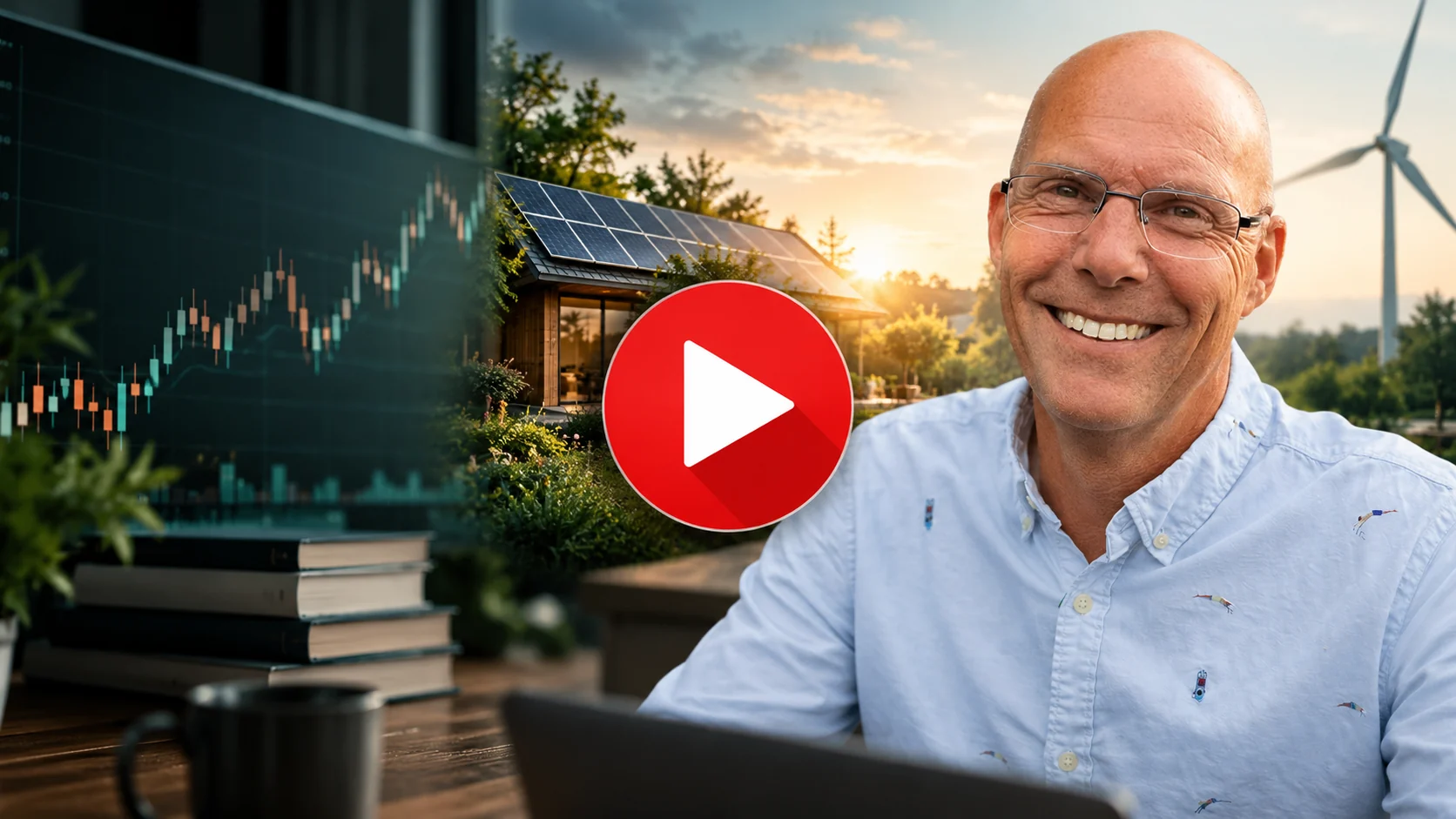 YouTube-kanaal met onderwerpen als beleggen en groene energie, met grote afspeelknop